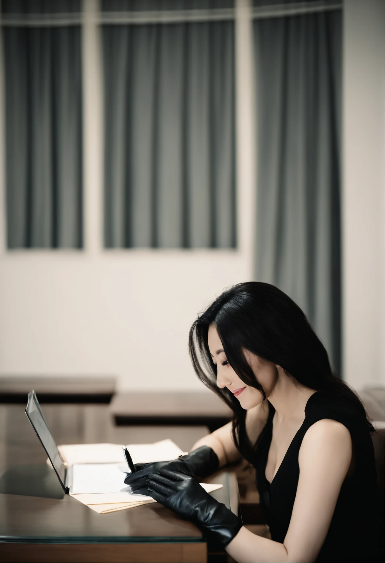 Wearing black leather gloves in both hands, upper body, black business suit, facing the desk in the modern study in the dark, looking down, smiling, writing a letter using a fountain pen, long, straight black hair, young and cute face Japanese female new employee (black leather gloves cover both hands)