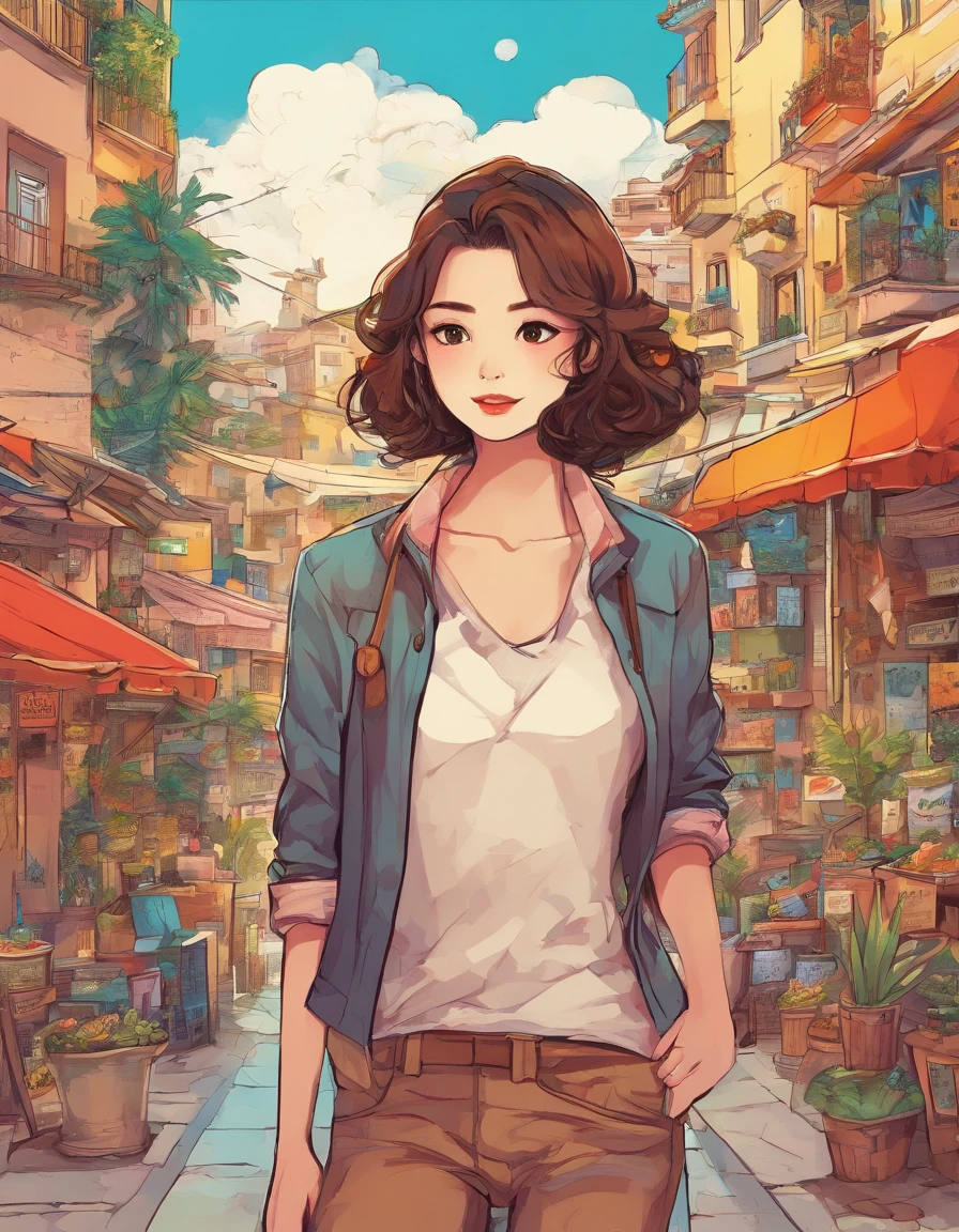 Pop Art Paint, Comic Story、Display in irregular panels with multiple colors、A girl who visits an Italian city in the Mediterranean for the first time、Style is exaggerated、(detaileds:1.6)、masutepiece、top-quality、美丽的面容、beautiful cityscape、