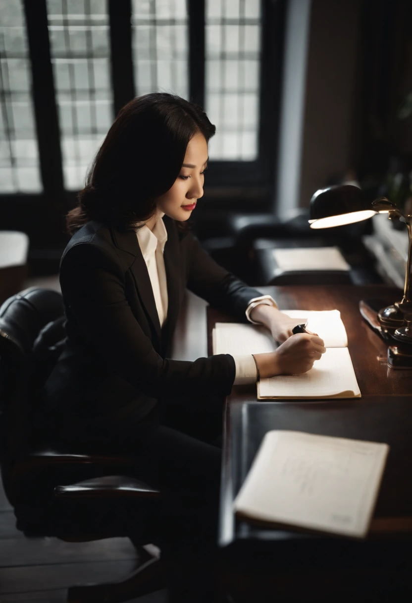 Wearing black leather gloves in both hands, upper body, black business suit, facing the desk in the modern study in the dark, looking down, smiling, writing a letter using a fountain pen, long, straight black hair, young and cute face Japanese female new employee (black leather gloves cover both hands)