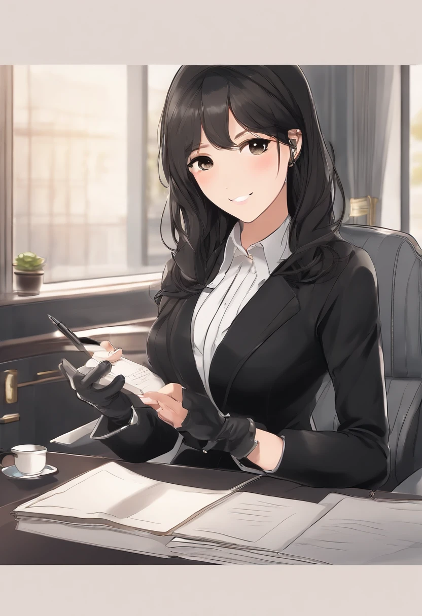 Wearing black leather gloves in both hands, upper body, black business suit, facing the desk in the modern study in the dark, looking down, smiling, writing a letter using a fountain pen, long, straight black hair, young and cute face Japanese female new employee (black leather gloves cover both hands)