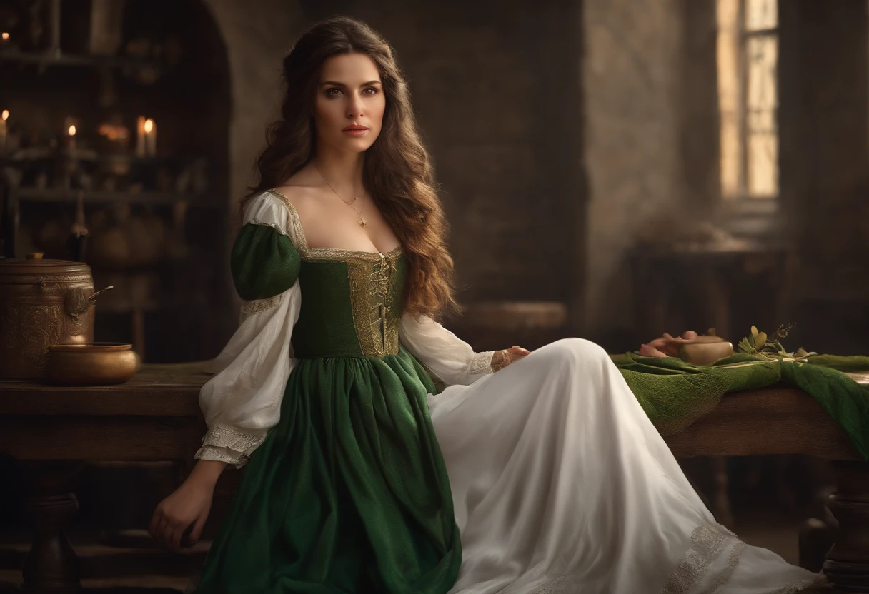 (Realistic oil art, Image to waist, The young woman, brunette hair, Long wavy hair), Medieval clothing, Rich dress, Medieval dress, Green and white dress, Crisis Camera, blurred background, warm light, More details in clothing, Strong leftovers, Normal poses, lady