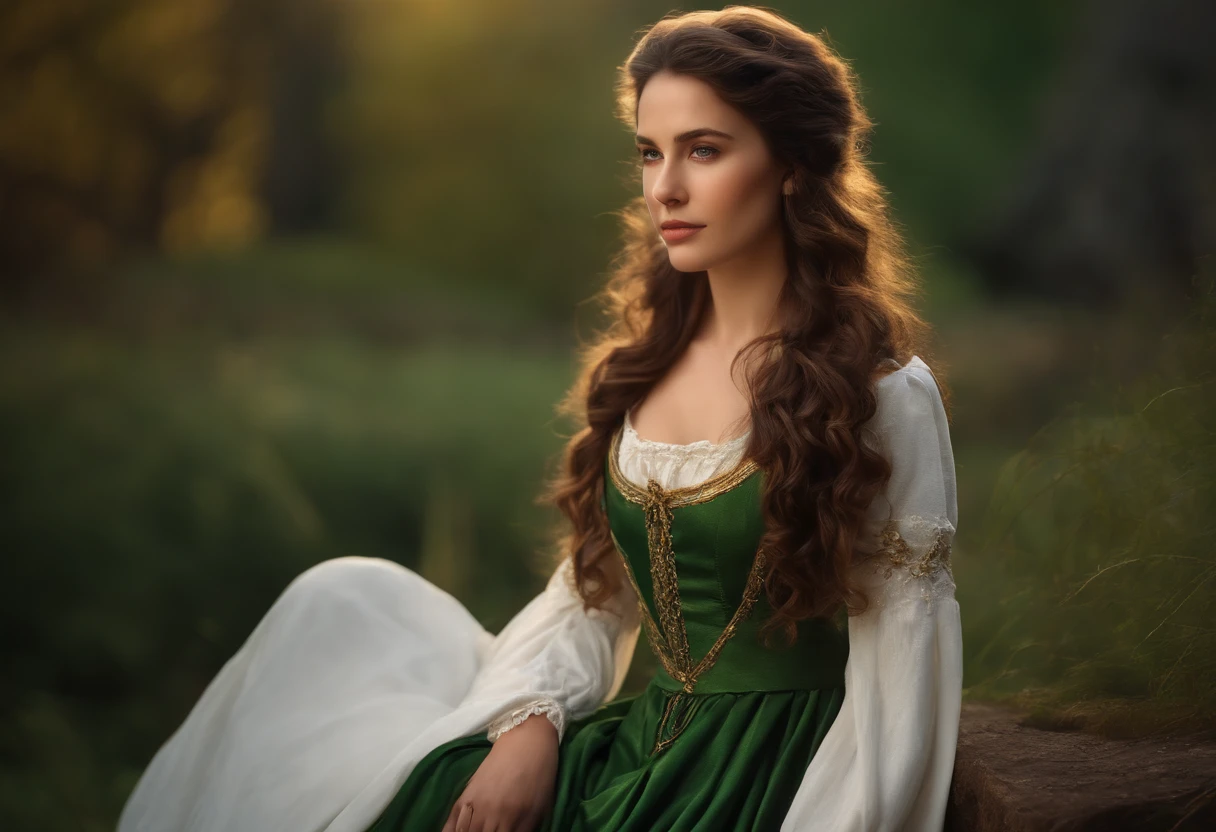 (Realistic oil art, Image to waist, The young woman, brunette hair, Long wavy hair), Medieval clothing, Rich dress, Medieval dress, Green and white dress, Crisis Camera, blurred background, warm light, More details in clothing, Strong leftovers, Normal poses, lady