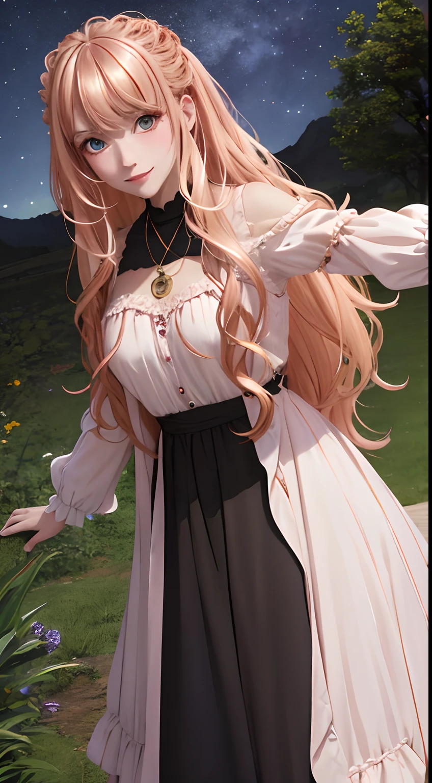 best quality, ((masterpiece)), highly detailed, night sky, outdoors, forrest,
1girl, Lexia Von Alceria,
looking at the viewer, smile, closed mouth, slight blush,big breast,
green eyes, blonde hair, long hair, swept bangs, dress, long sleeves, necklace