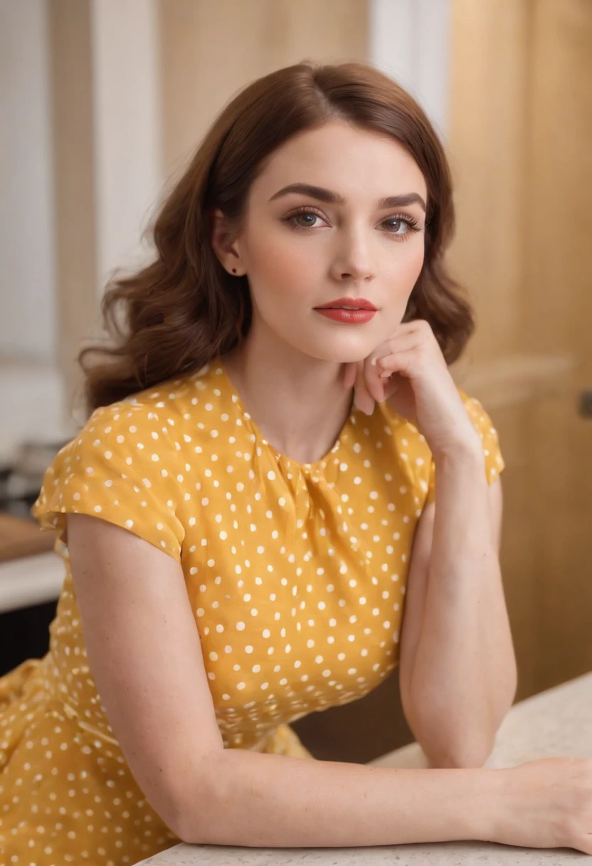 woman in retro yellow polka dot dress, sitting at kitchen counter, bored attitude,high angle shot, close up shot, spot light, high quality photo,medium shot