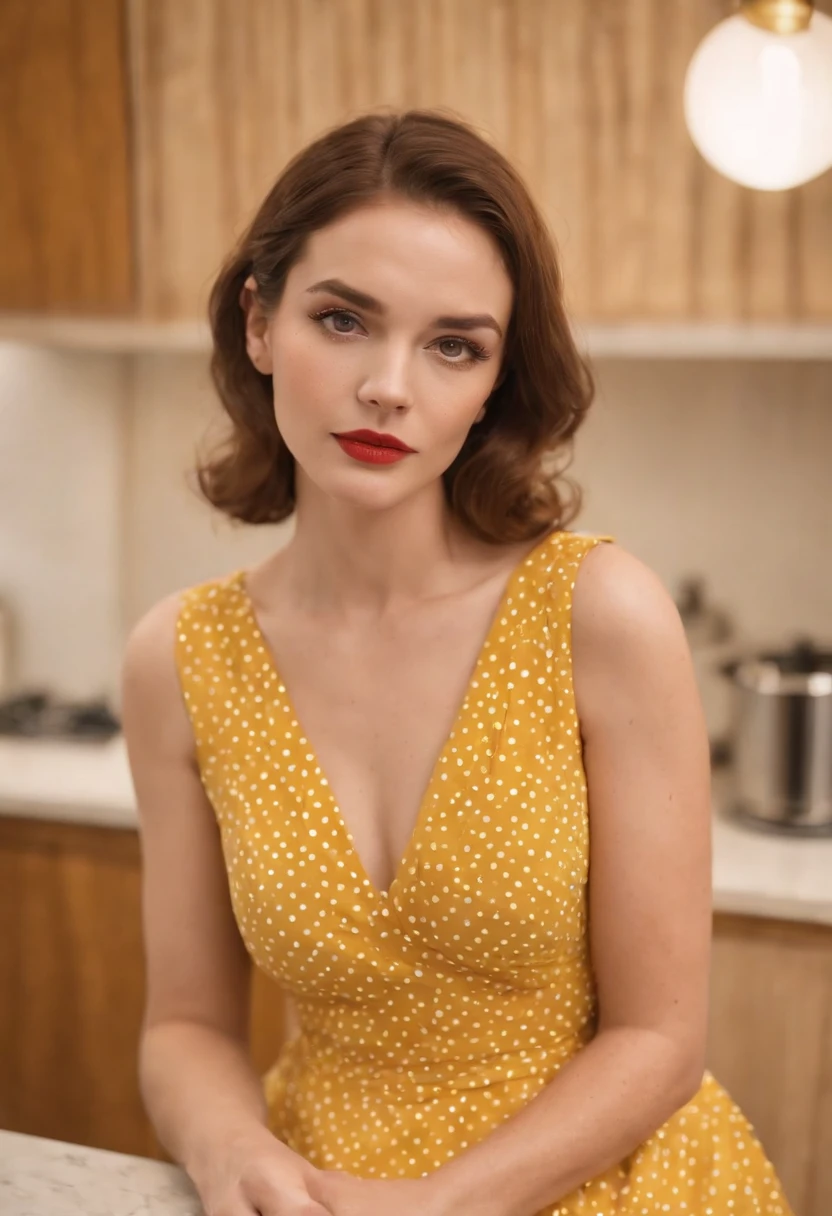 1930s Fashion, professional photo of 40yo woman in (simple) striped dress with collar, 4k, 8k, high quality, perfect lighting, detailed face and detailed eyes, skin detail,  solo focus, photography raw, (yellow kitchen), perfect lighting,  clean smooth skin, looking at camera, detailed eyes, pretty face, full body standing, photoshoot, <lora:1930sFashion2-000002:0.5>