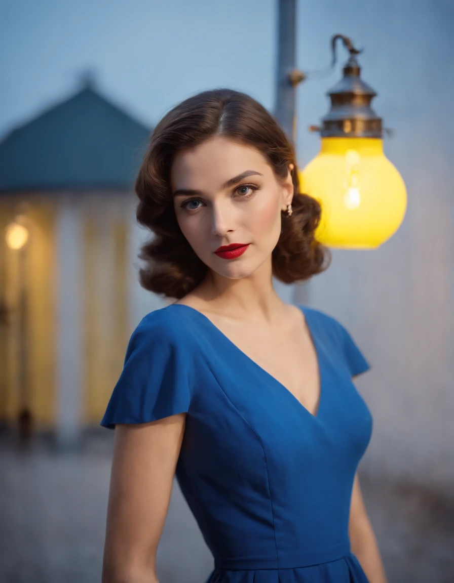 1950s fashion, close up photo, a woman wearing a blue dress, with a yellow lamp near her, in the style of neon and fluorescent light, blocky, transparency, handcrafted designs, 35mm film