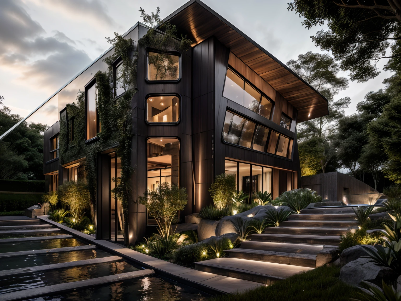 mordenhouse, house, glass house with a sloping roof, modern, dynamic (RAW photo, real, best quality, masterpiece:1.2), (hyper realistic, photo-realistic:1.2), high quality, (dark lighting:1.2), perfect lighting, archdaily