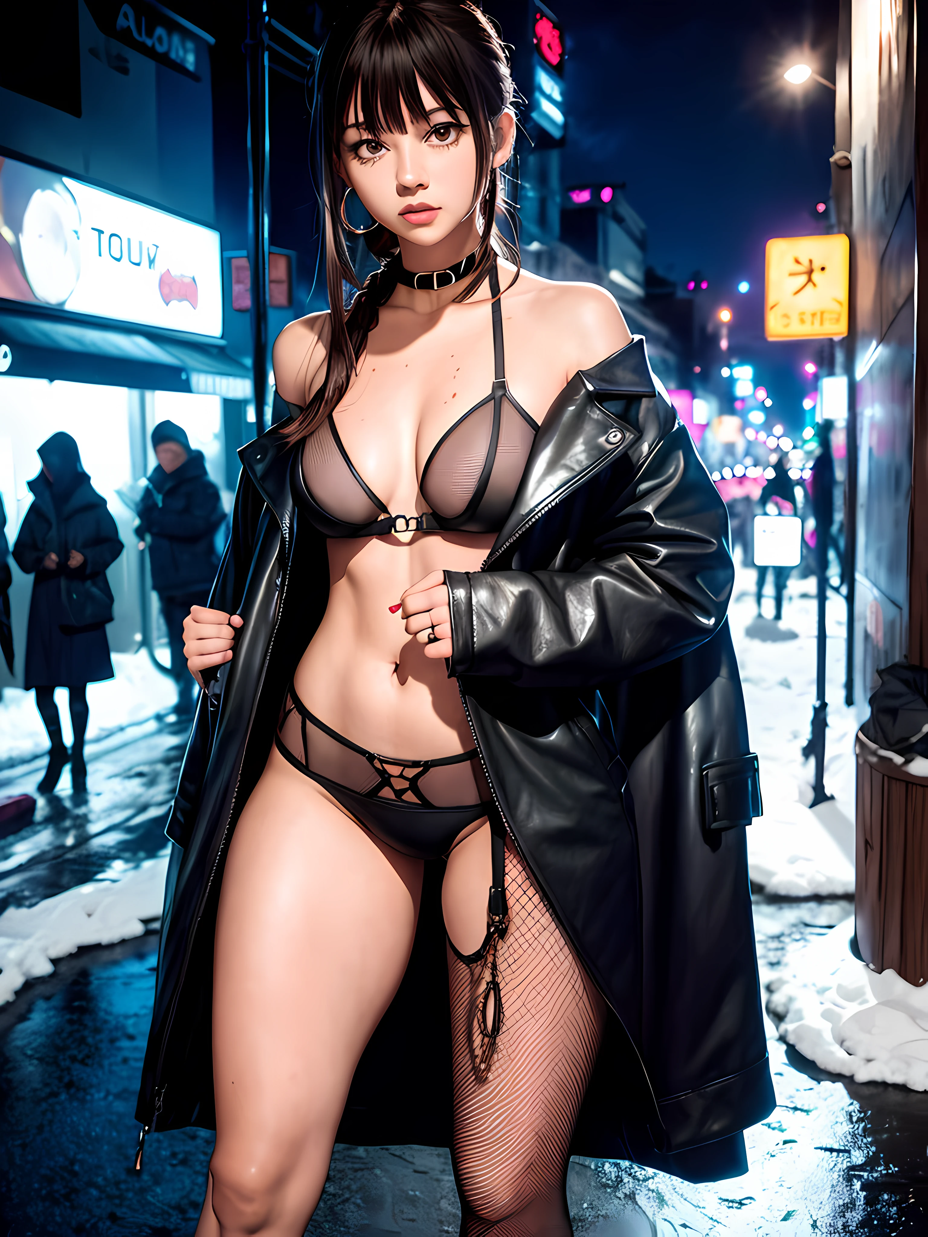 standing in the street at night, snow on the ground, wet clothes, sweaty, seductive, beauty spot on chin, wearing a loose oversized jacket, off the shoulder, fishnet leggings, wearing an oversized dress, sexy thighs, side pose, small mole on the chin, blushing, neon lights in the background, detailed background, raining, long sleeves, neck choker with necklace, long necklace, evil look, detailed digital anime art