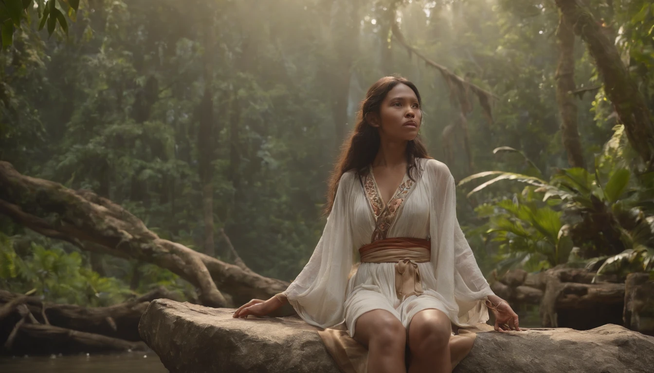 An 18-year-old indigenous girl sits on a rock in the Amazon River, exuberant anime john 8k woods, atey ghailan 8 k, The harp is played in the magical forest, In the style of Artie Guéran, inspired by Atey Ghailan, delightful surroundings, forest setting, author:fujita goro, cinematic forest lighting, 4K分辨率
