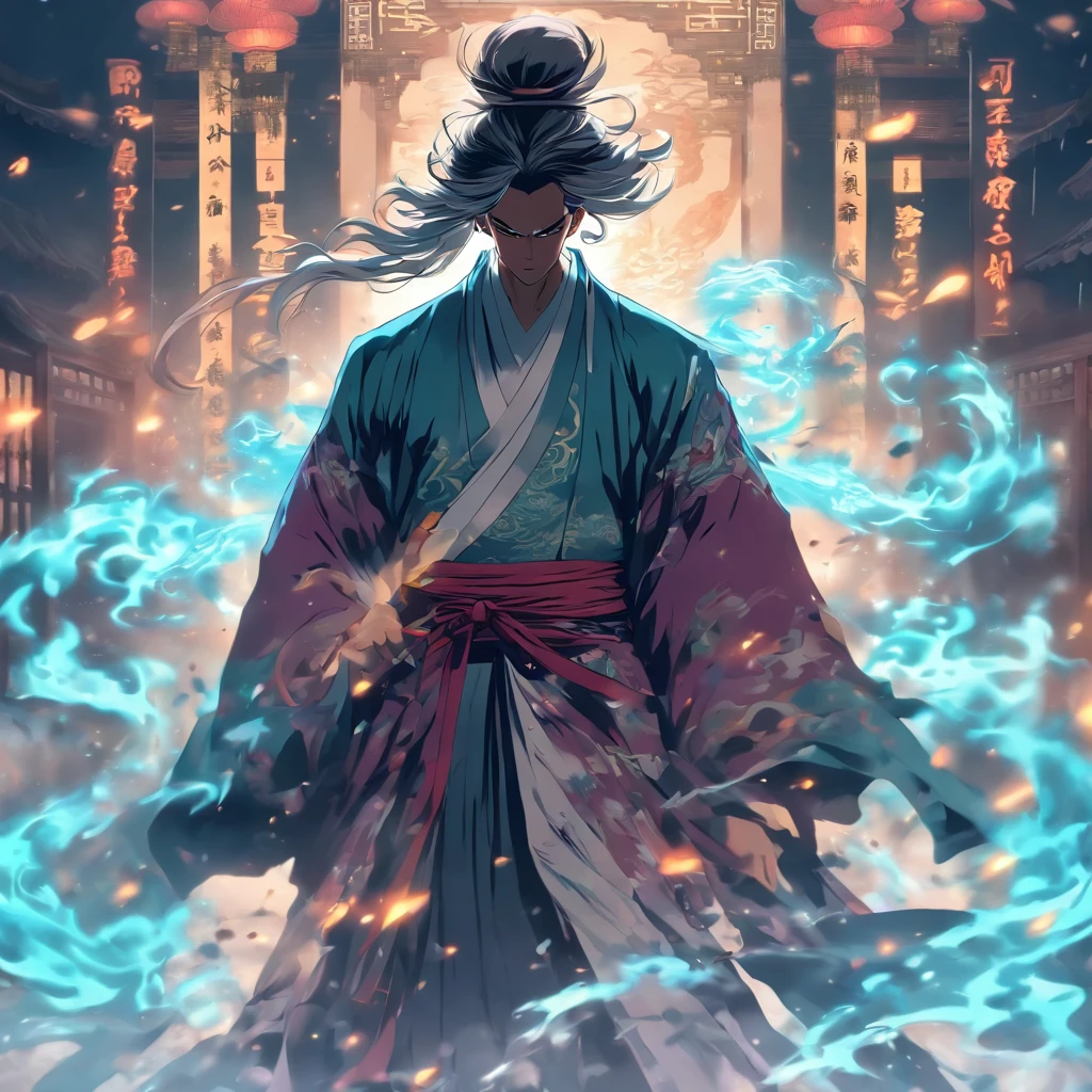 China-style,中景 the scene is,The Taoist priest stood in front of a huge transparent Chinese sword,Stretch your hands,Long messy hair,Glow effects,Hyper-realistic,Ultra photo realsisim,Chinese black and white ink style,Silver,Decolorization,Smudge,ink,8K,super-fine,high qulity,OC renderer