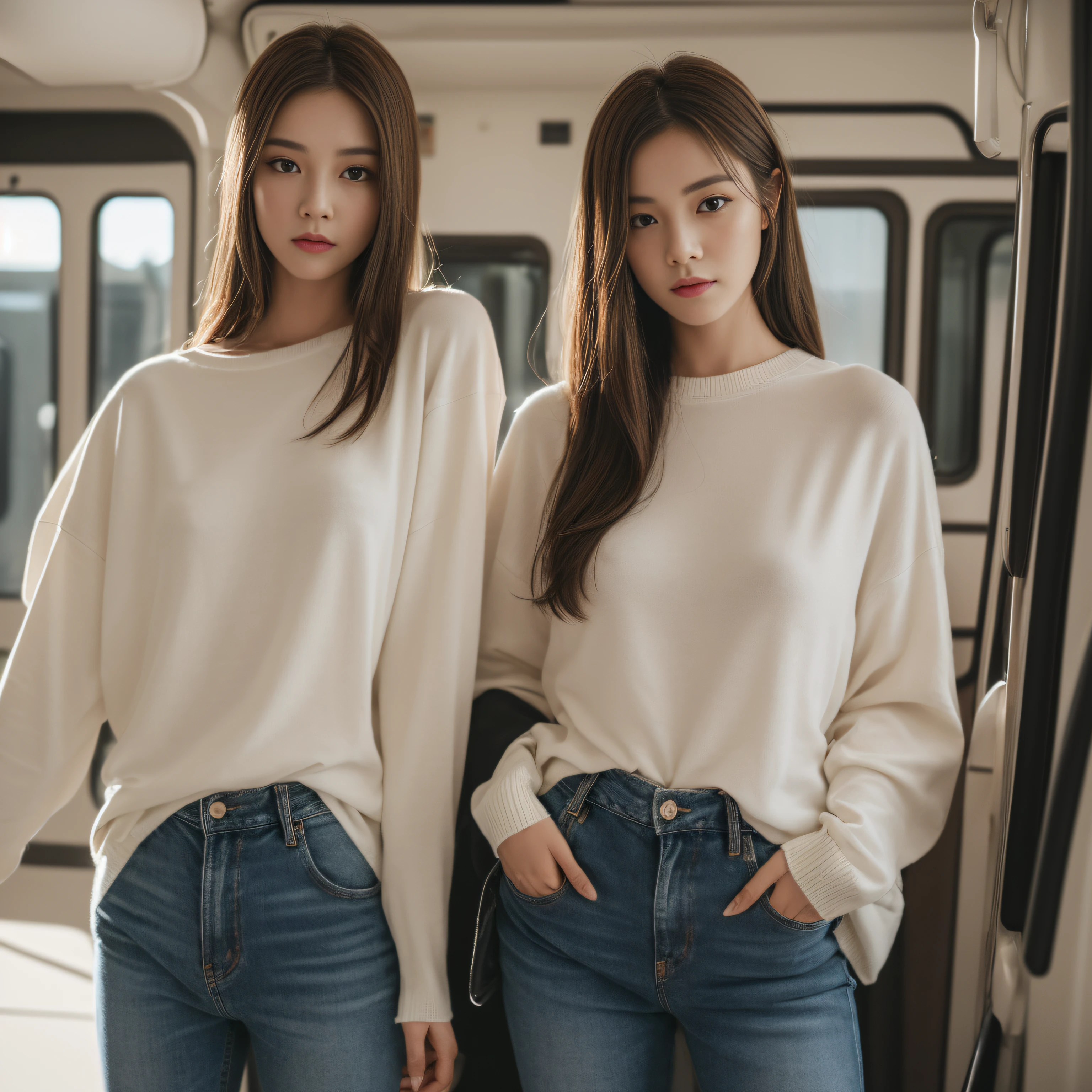((Afternoon, Best quality, 8k, Masterpiece, Realistic)), Whole body, Long legs, Sharp focus, A pretty woman with perfect figure, Slender abs, ((Long dark brown hair, Medium breasts)), (White tight tshirt, Short jeans, Sweater, Standing:1.2), ((Inside train, Dynamicposes:1.2, Soft lighting, Top Angle View, Fashionable)), Highly detailed face and skin texture, Detailed eyes, Double eyelid