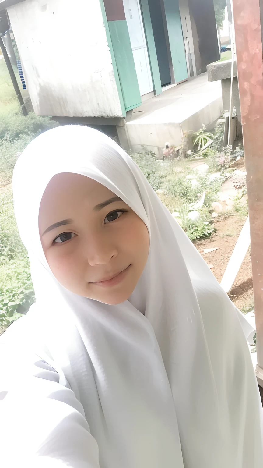 there is a woman in a white hijab posing for a picture, white hijab, inspired by Naza, with kind face, student, potrait, picture, innocent smile, sweet and innocent, a picture, hijab, protrait, faridah malik, comming, close up potrait, innocent face, help me, in garden