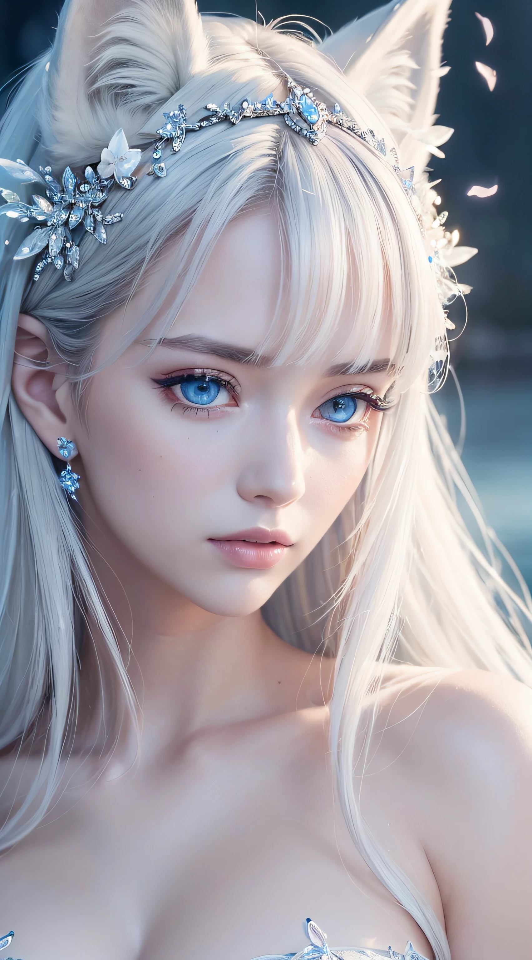 poneyTail, White beige, hair clips, colored contact lenses(Sherry Greige）, aqua eyes, breastsout, smiley, Jewelry, Modern, Chiaroscuro, Cinematic lighting, NIKON, 85 mm, High quality, 8K, Best Quality, Super Detail