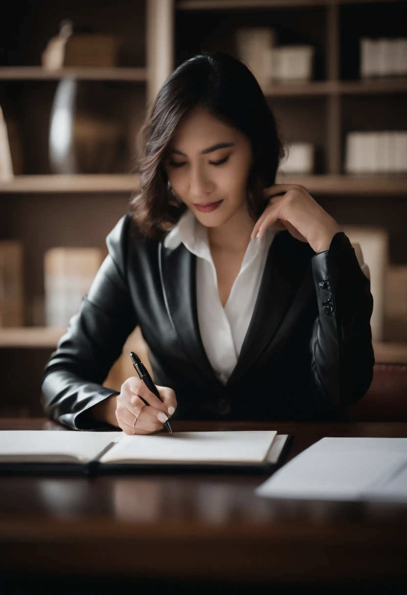 Wearing black leather gloves in both hands, upper body, black business suit, facing the desk in the modern study in the dark, looking down, smiling, writing a letter using a fountain pen, long, straight black hair, young and cute face Japanese female new employee (black leather gloves cover both hands)