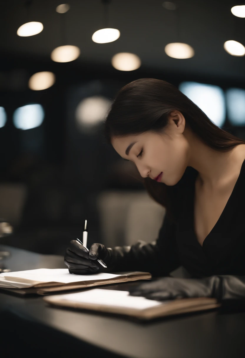 Wearing black leather gloves in both hands, upper body, black business suit, facing the desk in the modern study in the dark, looking down, smiling, writing a letter using a fountain pen, long, straight black hair, young and cute face Japanese female new employee (black leather gloves cover both hands)