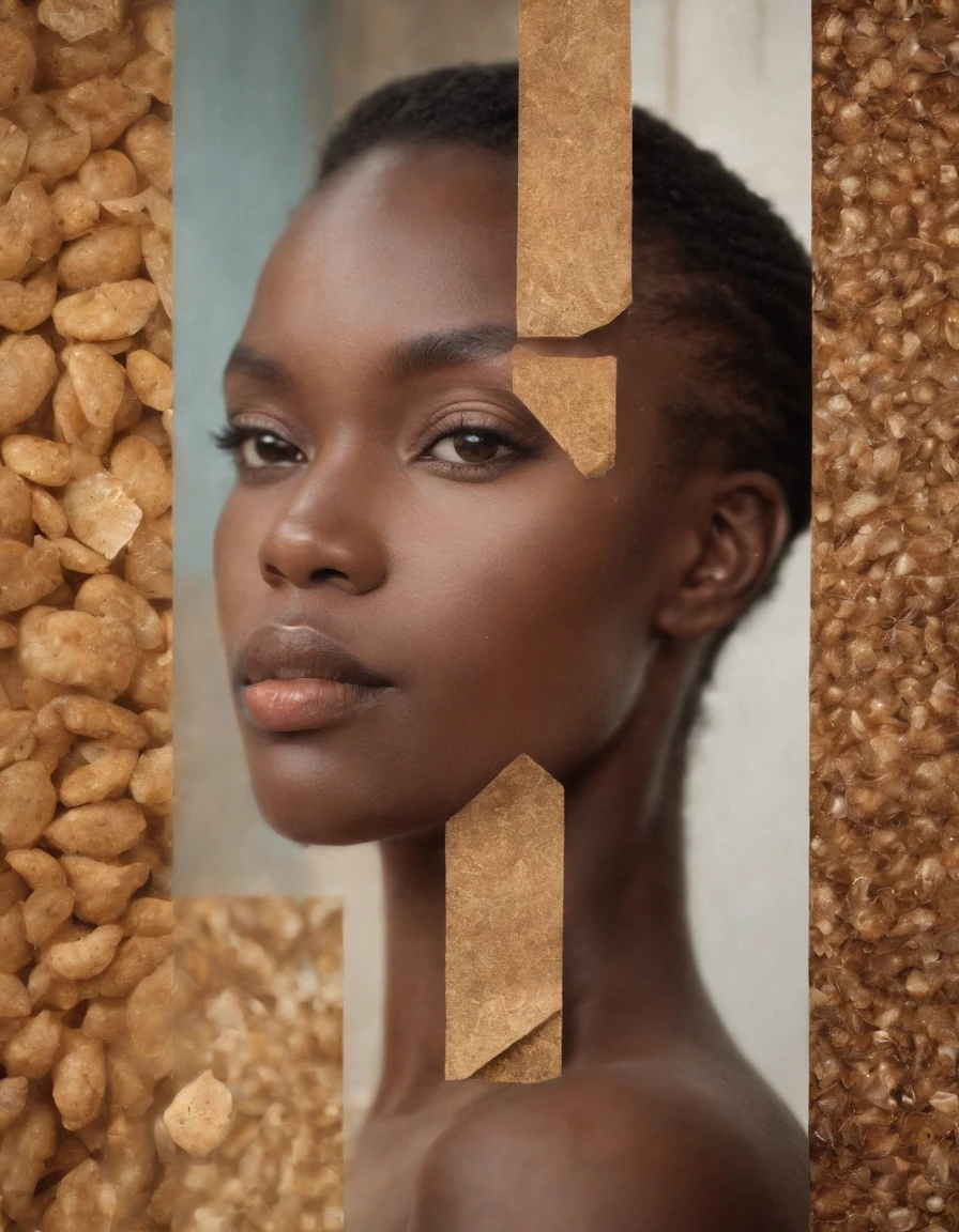 african collage artwork, in the style of cubist multifaceted angles, realistic hyper-detailed portraits, layered imagery with subtle irony, crisp neo-pop illustrations, grid formations, depictions of labor, cut outs, paper