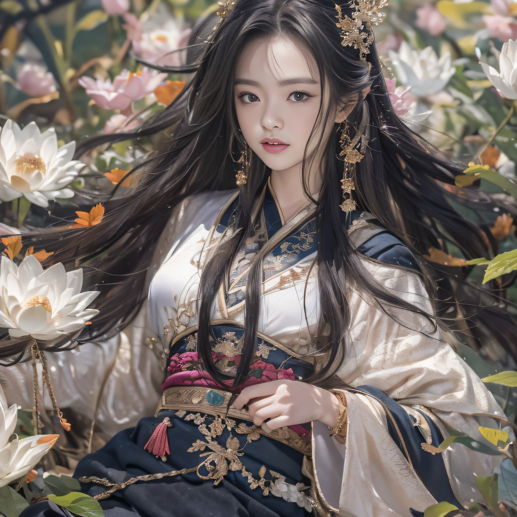 32K（tmasterpiece，k hd，hyper HD，32K）Long flowing black hair，ponds，zydink， a color， Aozhou people （Concubine girl）， （Silk scarf）， Combat posture， looking at the ground， long whitr hair， Floating hair， Carp pattern headdress， Chinese long-sleeved clothing， （abstract ink splash：1.2）， Pink petal background，Pink and white lotus flowers fly（realisticlying：1.4），Black color hair，Fallen leaves flutter，The background is pure， A high resolution， the detail， RAW photogr， Sharp Re， Nikon D850 Film Stock Photo by Jefferies Lee 4 Kodak Portra 400 Camera F1.6 shots, Rich colors, ultra-realistic vivid textures, Dramatic lighting, Unreal Engine Art Station Trend, cinestir 800，Long flowing black hair，Denim skirt