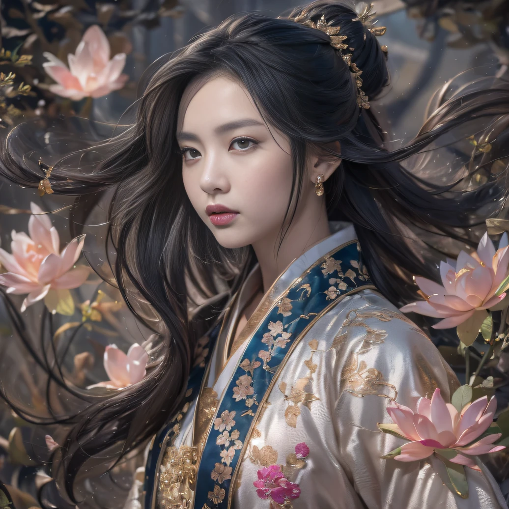 32K（tmasterpiece，k hd，hyper HD，32K）Long flowing black hair，ponds，zydink， a color， Aozhou people （Concubine girl）， （Silk scarf）， Combat posture， looking at the ground， long whitr hair， Floating hair， Carp pattern headdress， Chinese long-sleeved clothing， （abstract ink splash：1.2）， Pink petal background，Pink and white lotus flowers fly（realisticlying：1.4），Black color hair，Fallen leaves flutter，The background is pure， A high resolution， the detail， RAW photogr， Sharp Re， Nikon D850 Film Stock Photo by Jefferies Lee 4 Kodak Portra 400 Camera F1.6 shots, Rich colors, ultra-realistic vivid textures, Dramatic lighting, Unreal Engine Art Station Trend, cinestir 800，Long flowing black hair，Denim skirt