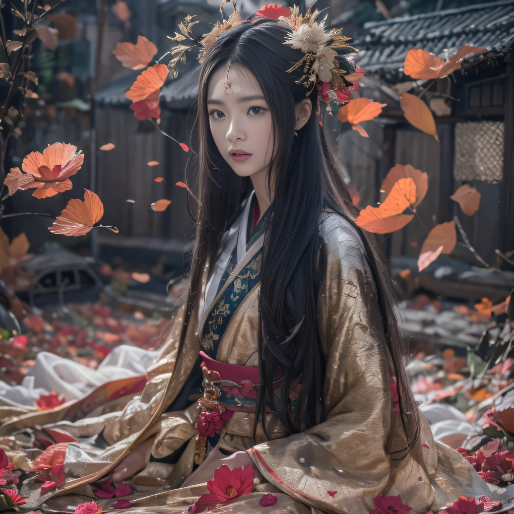 32K（tmasterpiece，k hd，hyper HD，32K）Long flowing black hair，ponds，zydink， a color， Aozhou people （Concubine girl）， （Silk scarf）， Combat posture， looking at the ground， long whitr hair， Floating hair， Carp pattern headdress， Chinese long-sleeved clothing， （abstract ink splash：1.2）， Pink petal background，Pink and white lotus flowers fly（realisticlying：1.4），Black color hair，Fallen leaves flutter，The background is pure， A high resolution， the detail， RAW photogr， Sharp Re， Nikon D850 Film Stock Photo by Jefferies Lee 4 Kodak Portra 400 Camera F1.6 shots, Rich colors, ultra-realistic vivid textures, Dramatic lighting, Unreal Engine Art Station Trend, cinestir 800，Long flowing black hair，Denim skirt