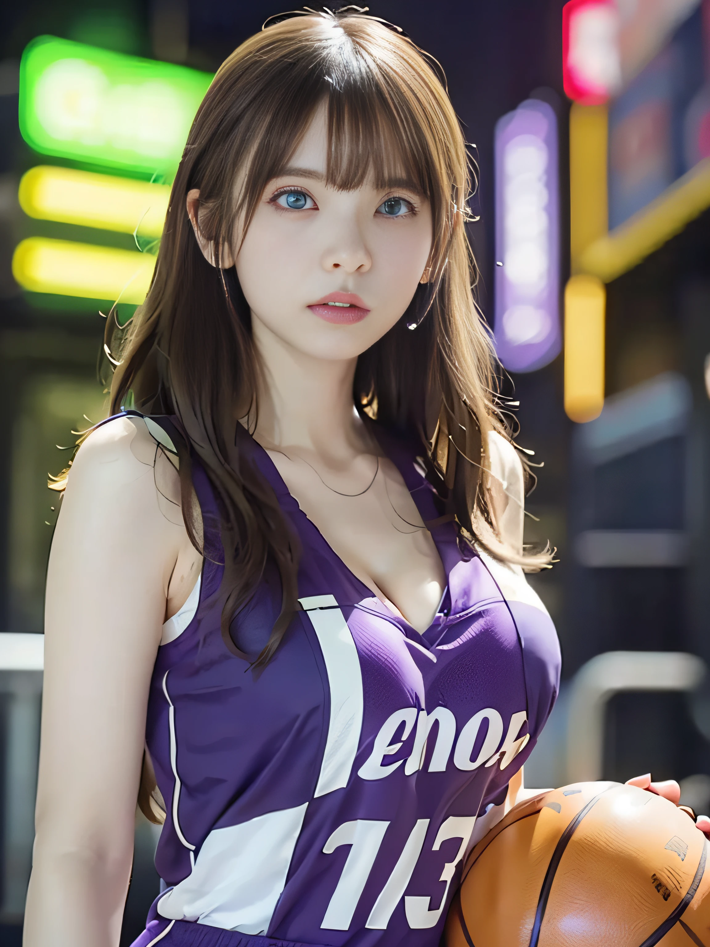 top-quality、masterpiece、超A high resolution、(Photorealsitic:1.4)、Raw photo、1girl in、glowy skin、headset on head、((super realistic details))、portlate、globalillumination、Shadow、octan render、8K、ultrasharp、((delicate body shape))、Future hair ornament、(Basketball Team Uniforms:1.3)、cleavage of the breast、((Colossal tits:1.4))、(skin tanned:1.4)、highly intricate detail、Realistic light、Metal shine、CGSoation Trends、(a purple eye:1.4)、(radiant eyes)、Facing the camera、neon details、sitting on、Cyberpunk background、Small LED lamp、(Purple and green lighting from behind)、