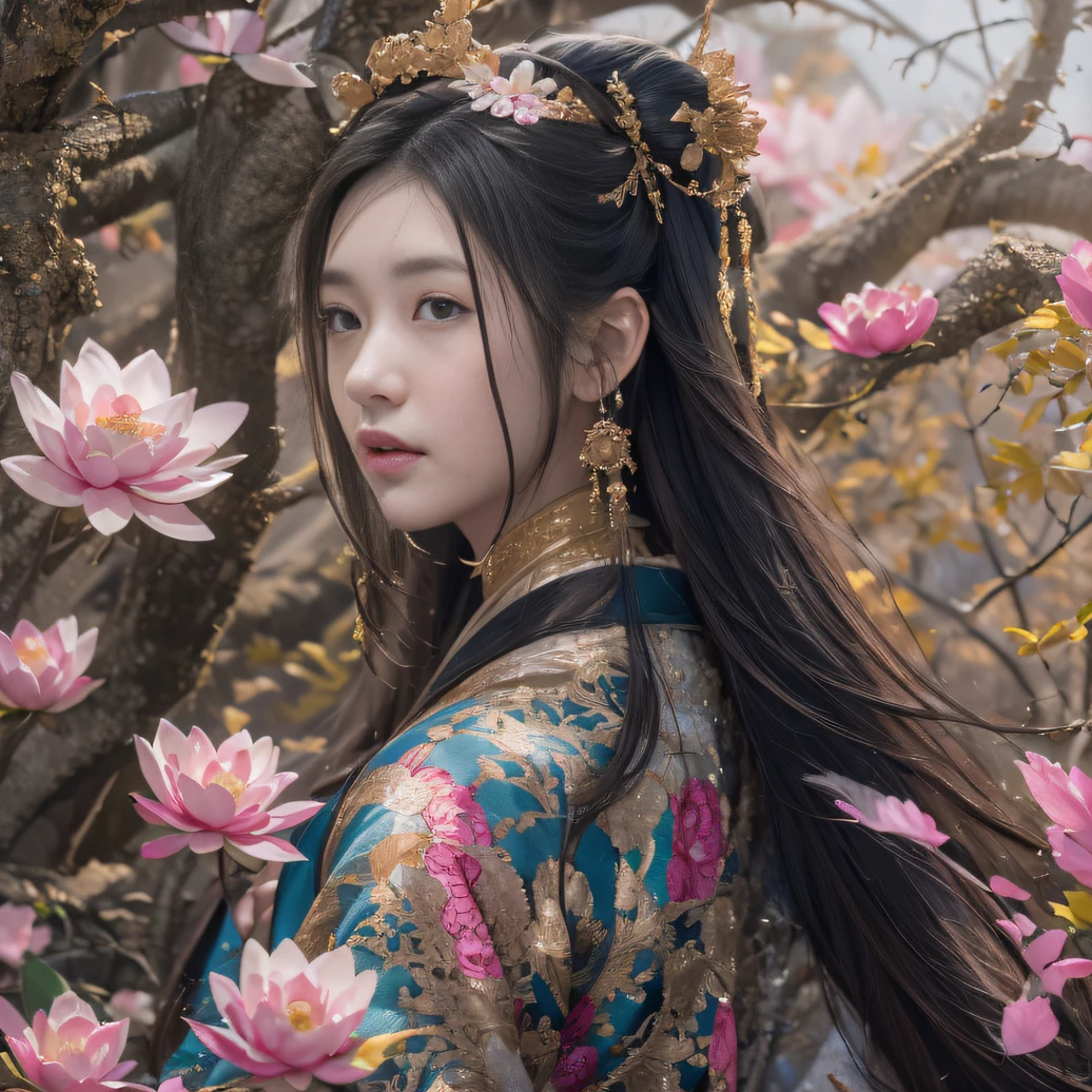 32K(tmasterpiece,k hd,hyper HD,32K)Long flowing black hair,ponds,zydink, a color, Aozhou people (Concubine girl), (Silk scarf), Combat posture, looking at the ground, long whitr hair, Floating hair, Carp pattern headdress, Chinese long-sleeved clothing, (abstract ink splash:1.2), Pink petal background,Pink and white lotus flowers fly(realisticlying:1.4),Black color hair,Fallen leaves flutter,The background is pure, A high resolution, the detail, RAW photogr, Sharp Re, Nikon D850 Film Stock Photo by Jefferies Lee 4 Kodak Portra 400 Camera F1.6 shots, Rich colors, ultra-realistic vivid textures, Dramatic lighting, Unreal Engine Art Station Trend, cinestir 800,Long flowing black hair,Denim skirt