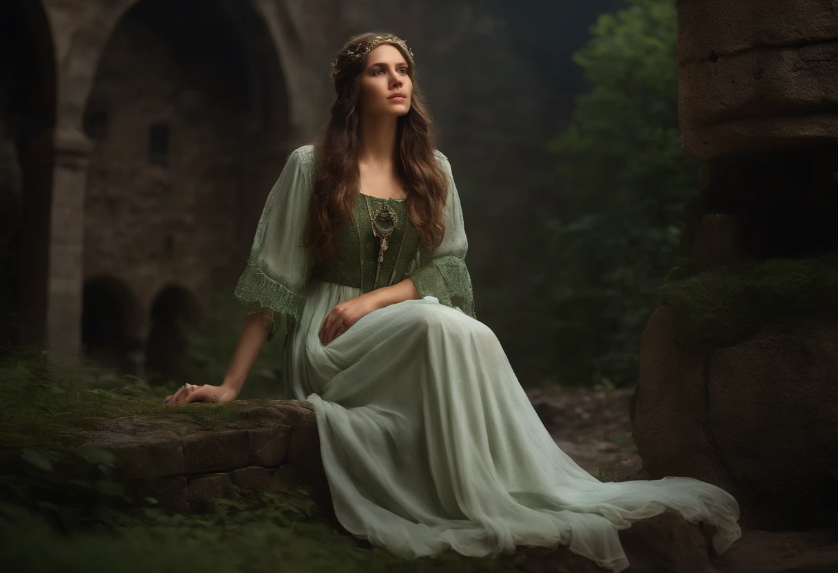 Girl in green-white dress, Dirty clothes, Torn clothing(With amazing detail, (The old dress, light dark color, covering the entire body is quite damaged.), ((Hands chained.)), ((Less skin contact)), (Anatomically correct limbs and body.:1.4), ((Medieval World)), ((Amazing visuals.)), ((cinematic light)), (Full-length portraits:1.7), (looking up), (looking down), (dramatic pose), (Charming smoke and light effects), Brown hair, Ruins of an old castle, ((Royal catacombs)), Abandoned mine, Abandoned ruins, ((dark night, Full Moon Night, New Moon Night)), epic realistic, ((neutral colors)), (HDR:1.5), (muted colors:1.2), hyper detailed, motion picture,