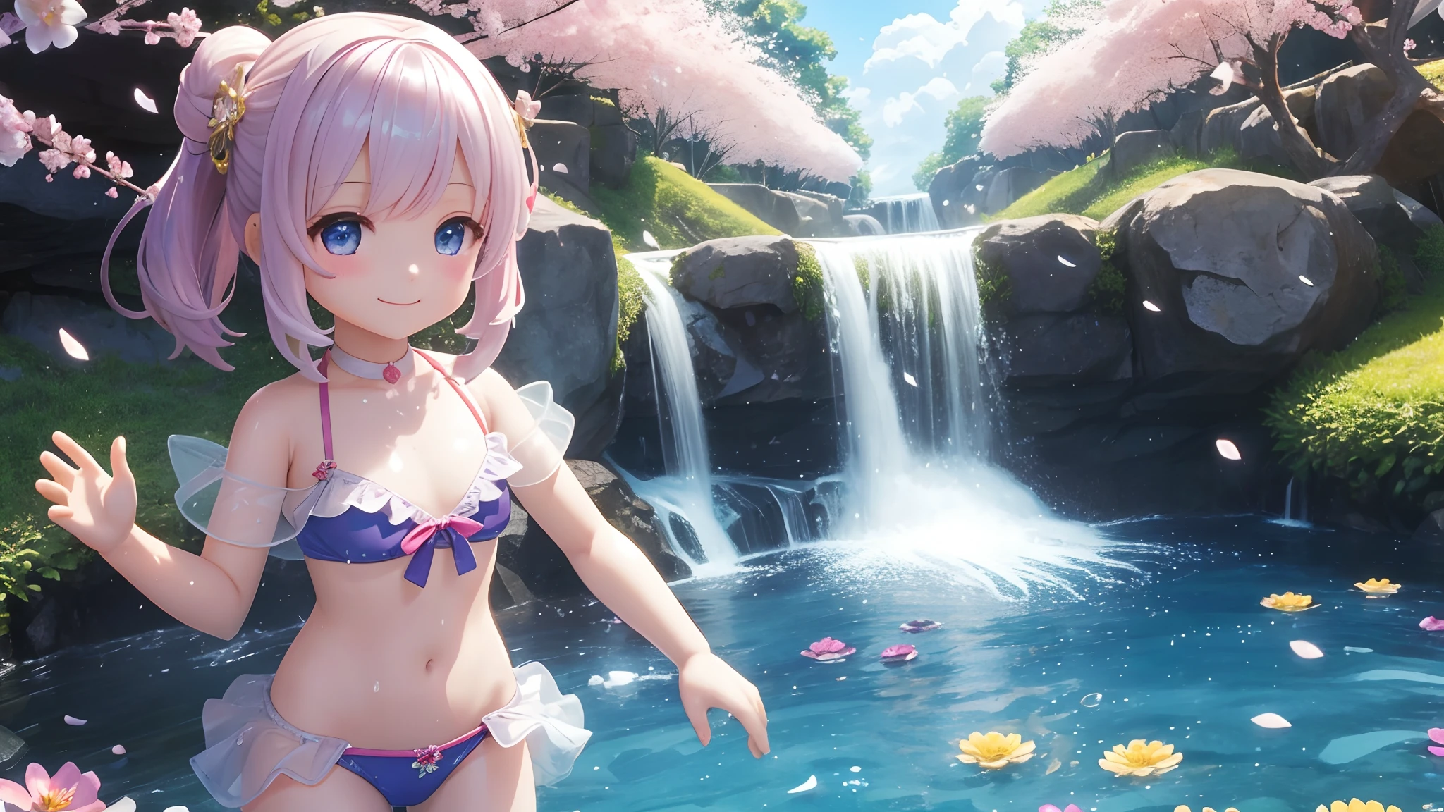 photoRealstic、Doll standing in front of the painting(nendroid)、A smile、Water droplets on the cheeks、Put your hand to your mouth and smile、Sengai、pixiv、rokoko、dollfie dream、watercolor Nendoroid、(High Definition Figure)、Flowing iridescent silk、up of face、Eye Up、Bikini swimwear、There are also flowers in front of the nendroids、flower petals、water dripping、season!!: 夏天☀ 🍂