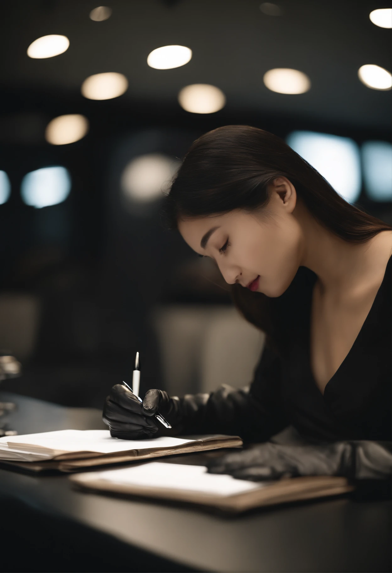 Wearing black leather gloves in both hands, upper body, black business suit, facing the desk in the modern study in the dark, looking down, smiling, writing a letter using a fountain pen, long, straight black hair, young and cute face Japanese female new employee (black leather gloves cover both hands)