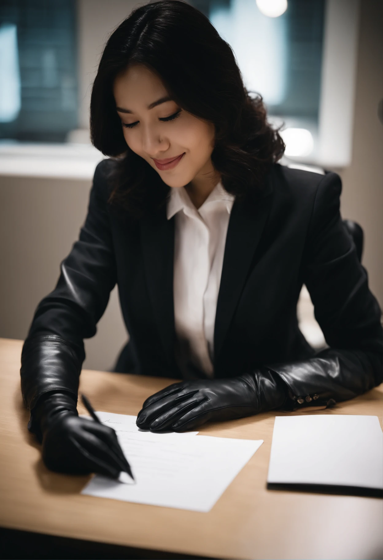 Wearing black leather gloves in both hands, upper body, black business suit, facing the desk in the modern study in the dark, looking down, smiling, writing a letter using a fountain pen, long, straight black hair, young and cute face Japanese female new employee (black leather gloves cover both hands)