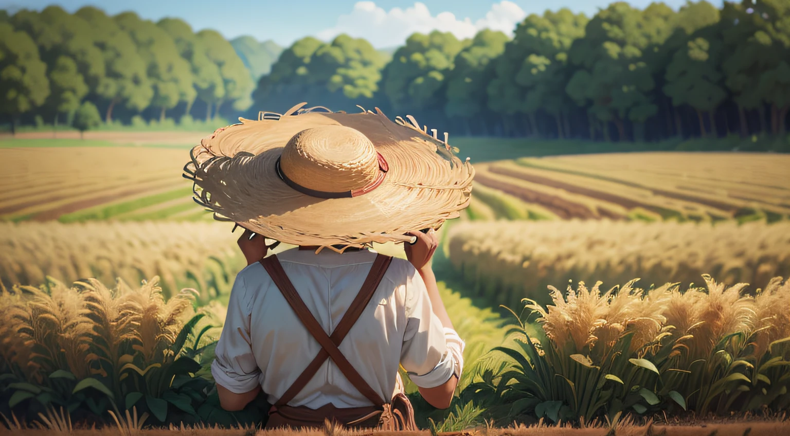 peasant，With a straw hat，With his head bowed，stooped，In the fields，on  back，