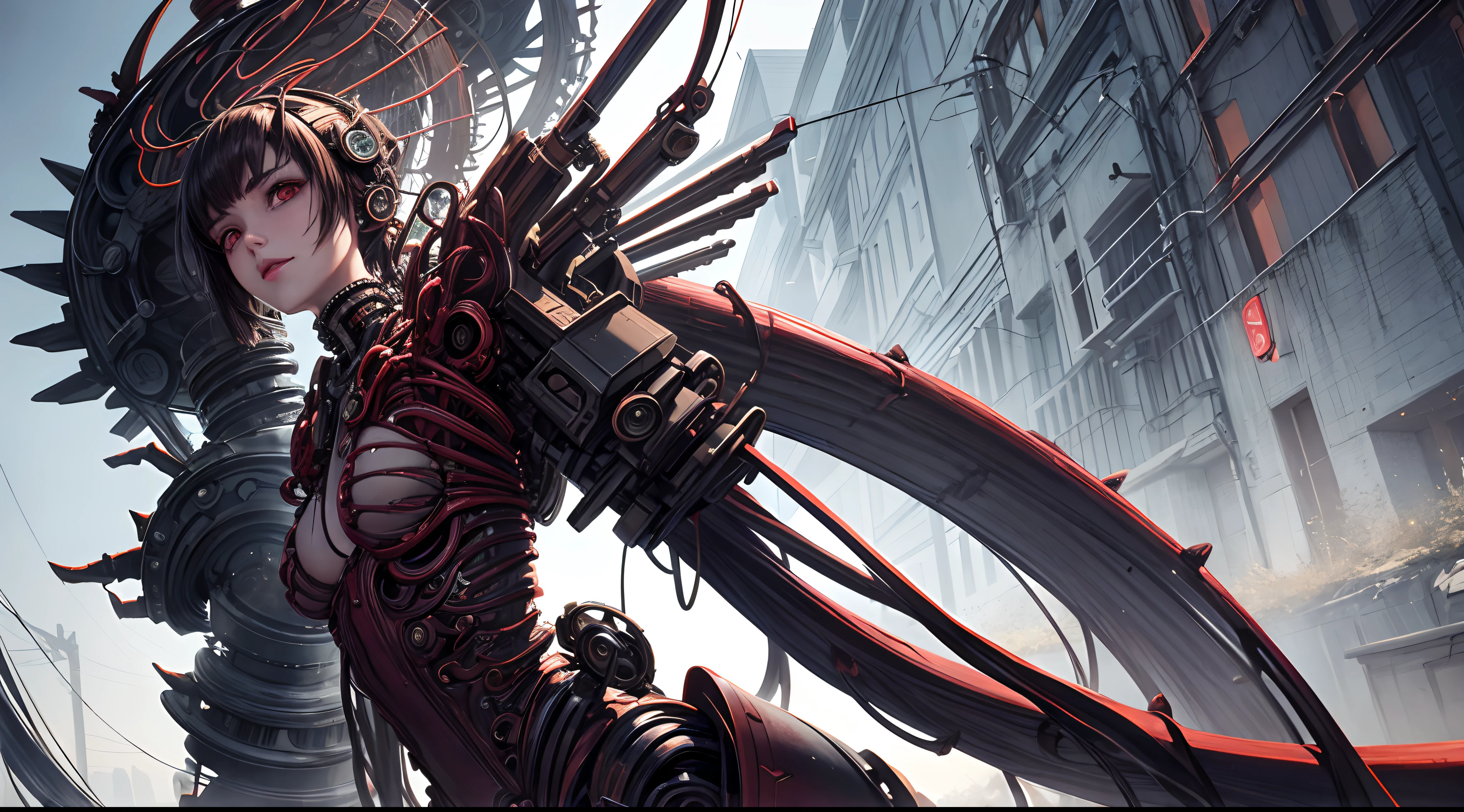 (((Masterpiece))), ((Best Quality)), (Super Detail), (CG Illustration), (Very Evil and Beautiful)), Cinematic Light, ((1 Mechanical Girl)), Single, (Mechanical Art: 1.4), ((Mechanical limb)), (Blood vessel attached to a tube), ((Mechanical spine attached to the back)), ((Mechanical cervical vertebrae attached to the neck), (Back to the viewer)), expressionless, ( Wires and cables attached to the head and body: 1.5), Science Fiction, Apocalypse, Ruins, (Lower Body Integrated with Mechanical Devices), (Blood: 1.5), Cruelty, Absurdity, Eroglotesque, Fusion with Machines, Doomsday Time, Super Future, Inorganic, Laboratory, Restraint, (Beautiful Indulgence: 1.2), (1 Girl: 1.3)