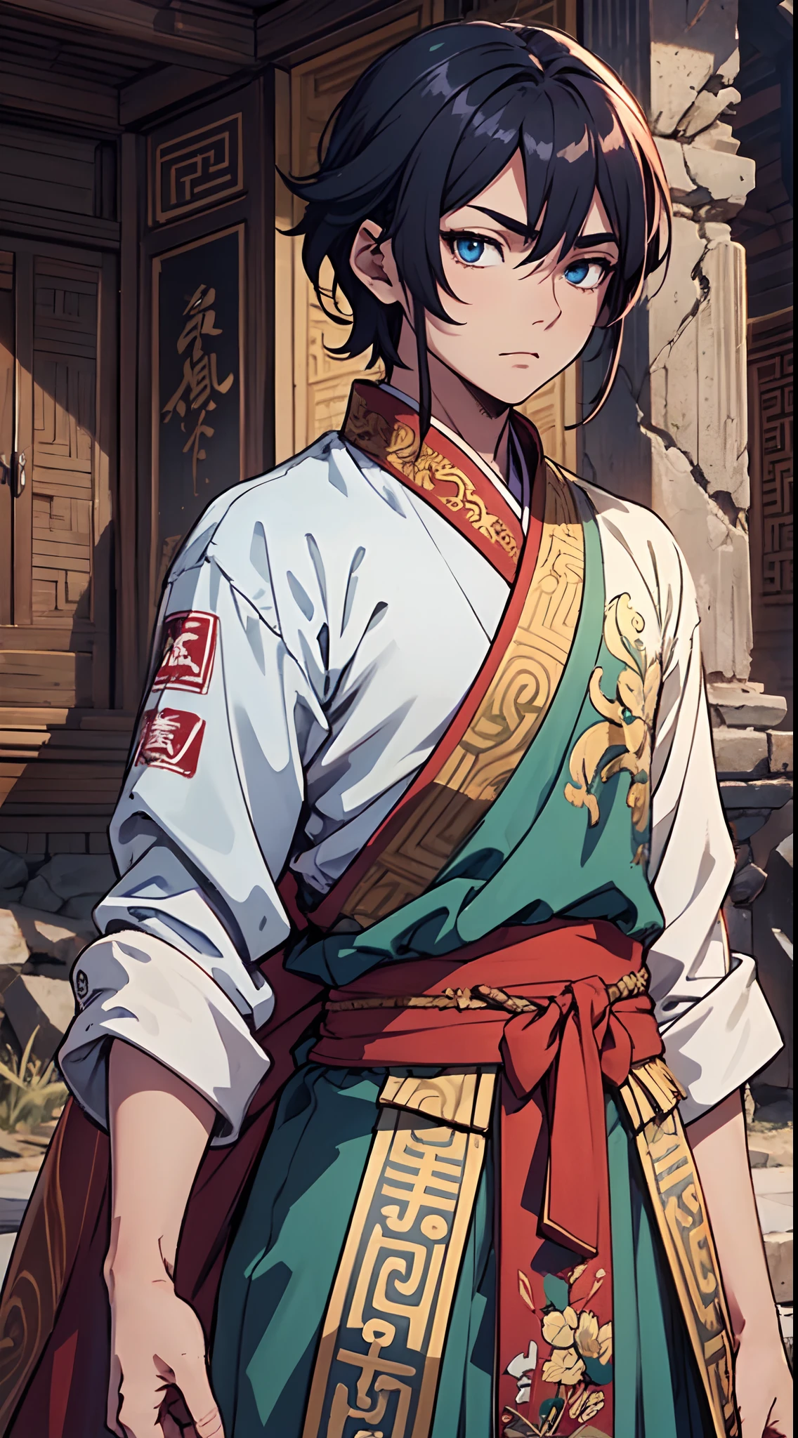 Ultra High Definition, Ultra High Quality, Extremely Detailed, Perfectly Detailed, Masterpiece, 8k, 1 Boy, Look A Like Xin From Kingdom Anime, Handsome, Equipped With Chinese Emperor Silk Clothes, Solid Light Blue Eyes, Long Red Hair, Holding A Perfectly Detailed Awesome Katana, Body Shot, Ancient Ruins Background