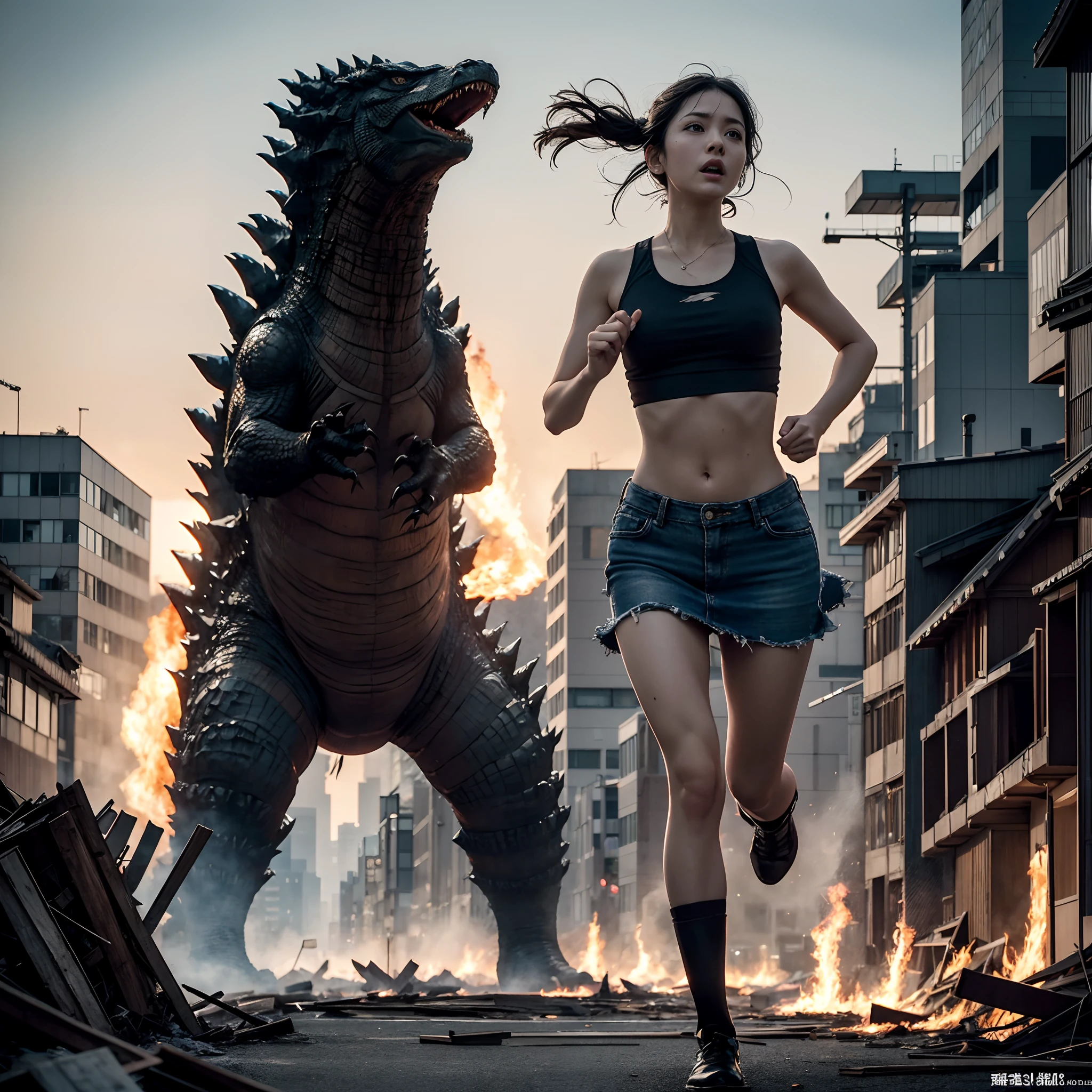 movie『Godzilla Godzilla』Heroine of。Women in Japan desperately fleeing Godzilla in devastated Tokyo、dishevled hair、The tank top is dirty、Torn skirt、Running through the rubble。building crumbling、Burning flame、de pele branca、slick skin、stunningly beautiful face、the detail、Photorealsitic、8K。
Negative Prompt。