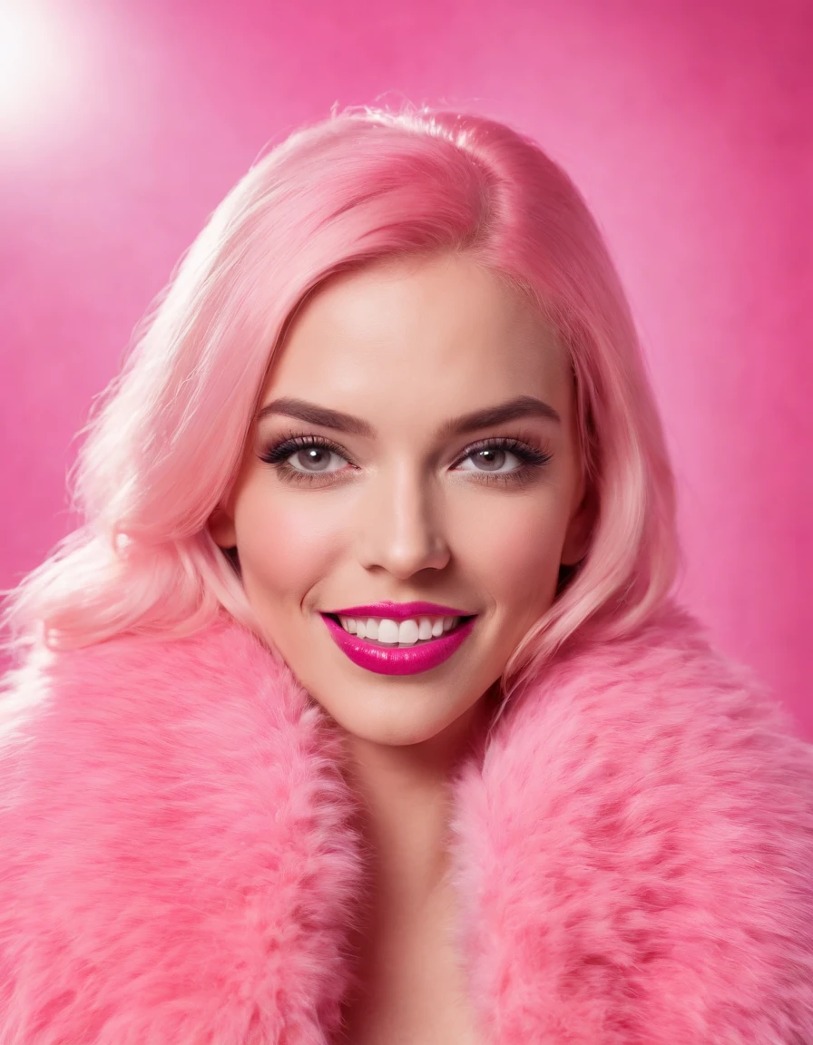 woman wearing pink fur with her mouth open and smiling, in the style of bold pop, close-up, energetic gestures
