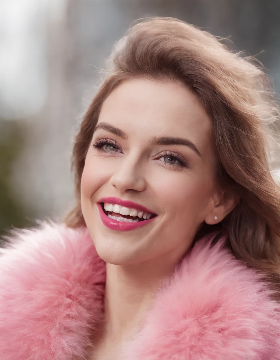 woman wearing pink fur with her mouth open and smiling, in the style of bold pop, close-up, energetic gestures