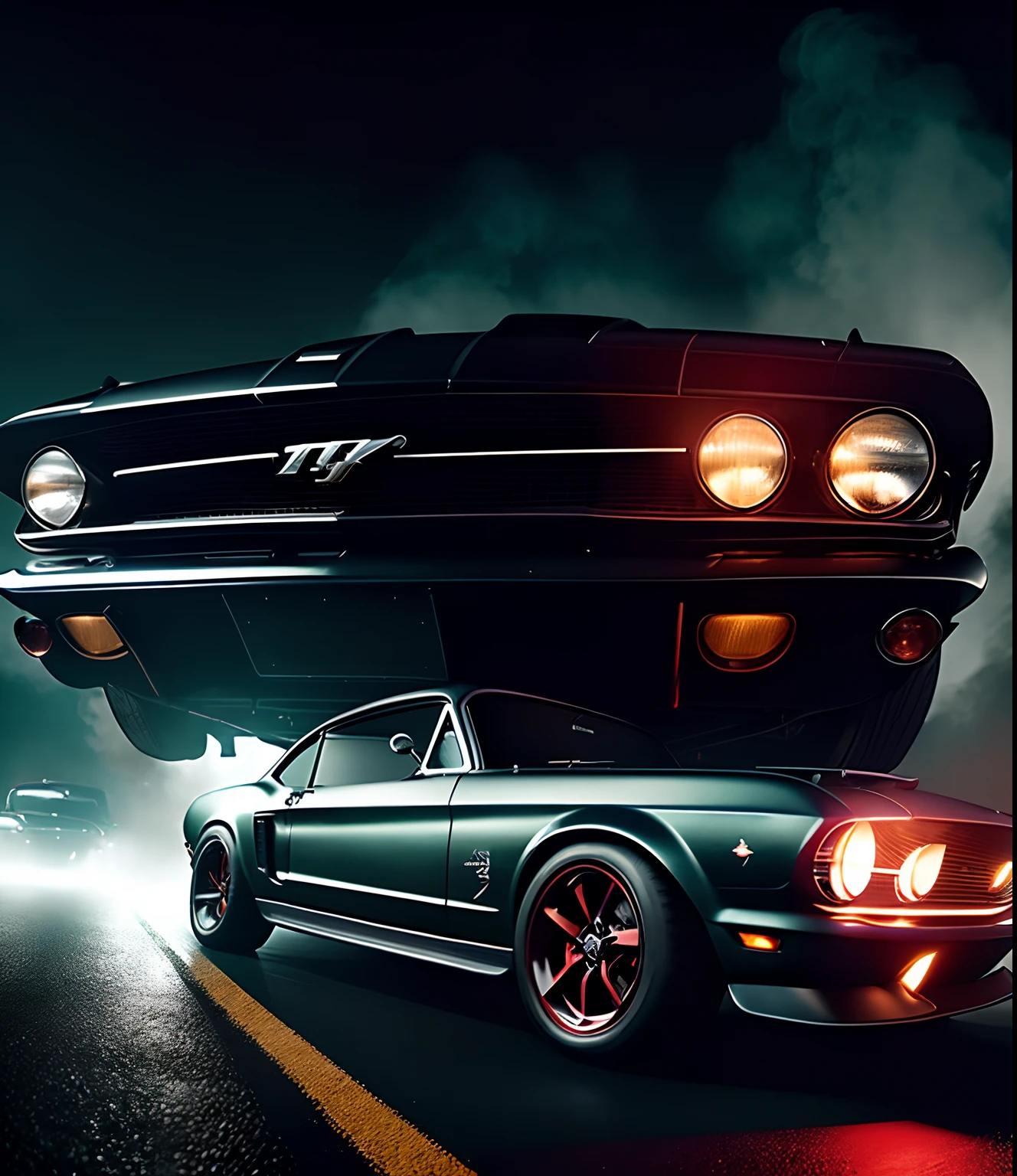 (extremely detailed CG unity 8k wallpaper), Mustang GT 1965 black in colour with dark background, sleek and shiny body, powerful roaring engine, glossy finish, reflective surface, intense highlights and shadows, dynamic motion, exquisite attention to every curve and contour, vibrant red tail lights, speeding down a deserted road, smoke trailing from the tires, 1960s retro vibes, contrast between the dark background and the car's glossy black paint, dramatic lighting, cinematic atmosphere, sense of speed and power, nostalgia for classic cars, captivating and immersive visual experience.