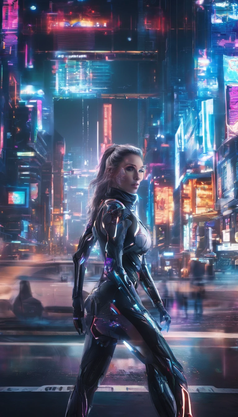 Cyberpunk style scientist，Semi-mechanized scientist，Combat posture，majestic-looking，The feeling of moving forward，Stunning colors。Set in a futuristic cyberpunk style city，the street，People with blurred vision，（Movie lighting），（light and shadow effect），（unreal-engine），（Tyndall），（cinema4d），（Super futuristic fantasy style），（8k wallpaper），（tmasterpiece），（Photography Award），realisticlying