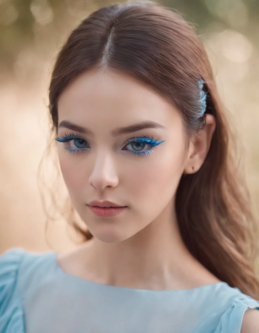 a young girl wearing blue eyelashes, pop colorism, soft edges, pop inspo, close up, precisionist lines, light blue