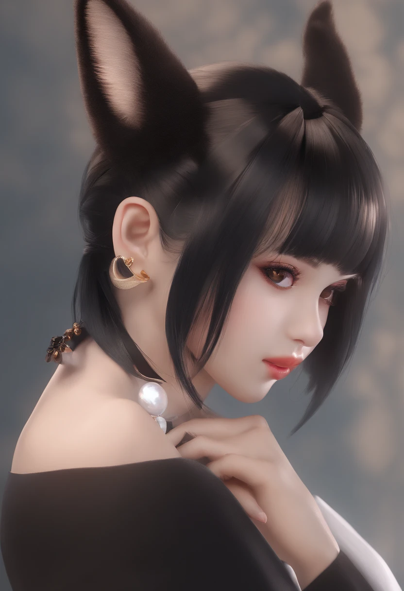 black hair, hair bobbles, wince, longeyelashes, solid circle eyes, fake animal ears, light smile, ear blush, fang, Surrealism, drop shadow, anaglyph, stereogram, tachi-e, pov, atmospheric perspective, 8k, super detail, ccurate, best quality