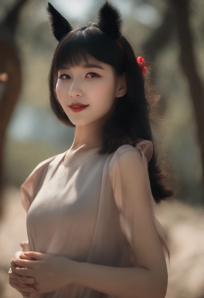 black hair, hair bobbles, wince, longeyelashes, solid circle eyes, fake animal ears, light smile, ear blush, fang, Surrealism, drop shadow, anaglyph, stereogram, tachi-e, pov, atmospheric perspective, 8k, super detail, ccurate, best quality