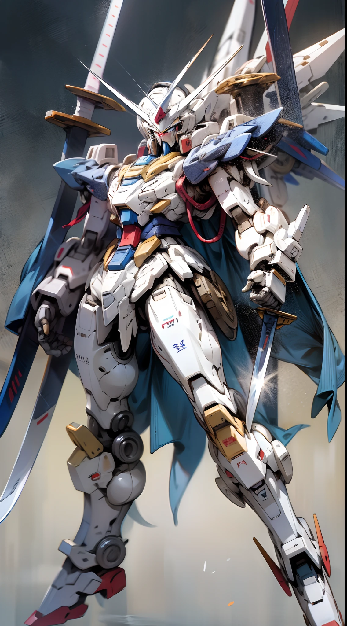 best quality, anime style, gundam, mecha, blue shoulders, red chest, sword in right hand, left hand closed, white legs, white feet --auto --s2