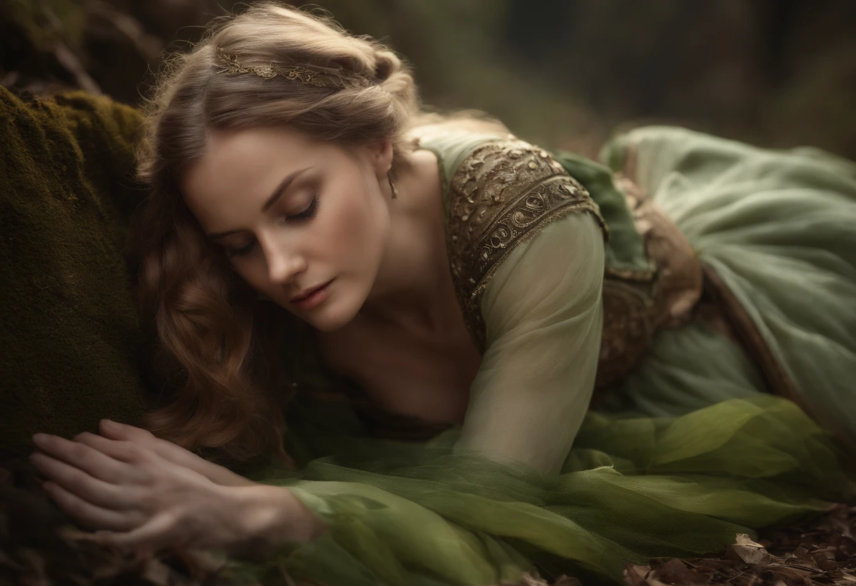 Girl in green-white dress, Fall to the ground., Dirty clothes, Torn clothing(With amazing detail, (The old dress, light dark color, covering the entire body is quite damaged.), ((Hands chained.)), ((Less skin contact)), (Anatomically correct limbs and body.:1.4), ((Medieval World)), ((Amazing visuals.)), ((cinematic light)), (Full-length portraits:1.7), (looking up), (looking down), (dramatic pose), (Charming smoke and light effects), Brown hair, Ruins of an old castle, ((Royal catacombs)), Abandoned mine, Abandoned ruins, ((dark night, Full Moon Night, New Moon Night)), epic realistic, ((neutral colors)), (HDR:1.5), (muted colors:1.2), hyper detailed, motion picture,