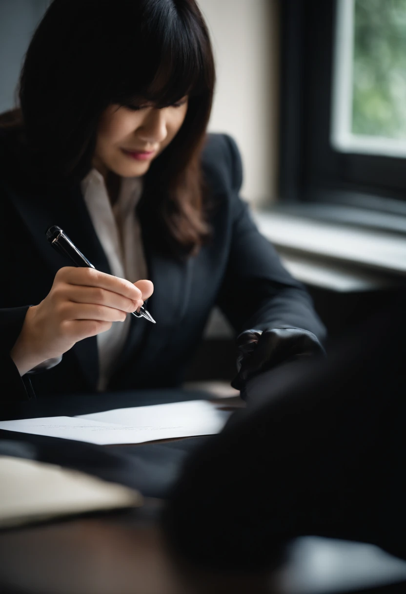 Wearing black leather gloves in both hands, upper body, black business suit, facing the desk in the modern study in the dark, looking down, smiling, writing a letter using a fountain pen, long, straight black hair, young and cute face Japanese female new employee (black leather gloves cover both hands)