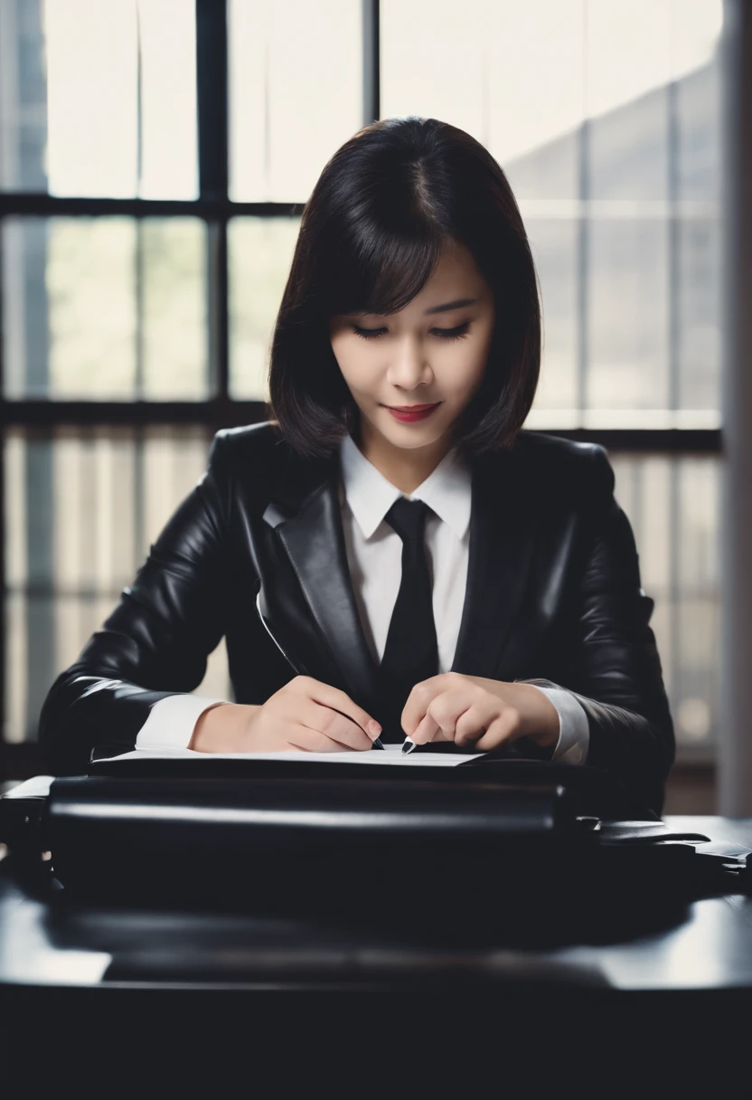 Wearing black leather gloves in both hands, upper body, black business suit, facing the desk in the modern study in the dark, looking down, smiling, writing a letter using a fountain pen, long, straight black hair, young and cute face Japanese female new employee (black leather gloves cover both hands)