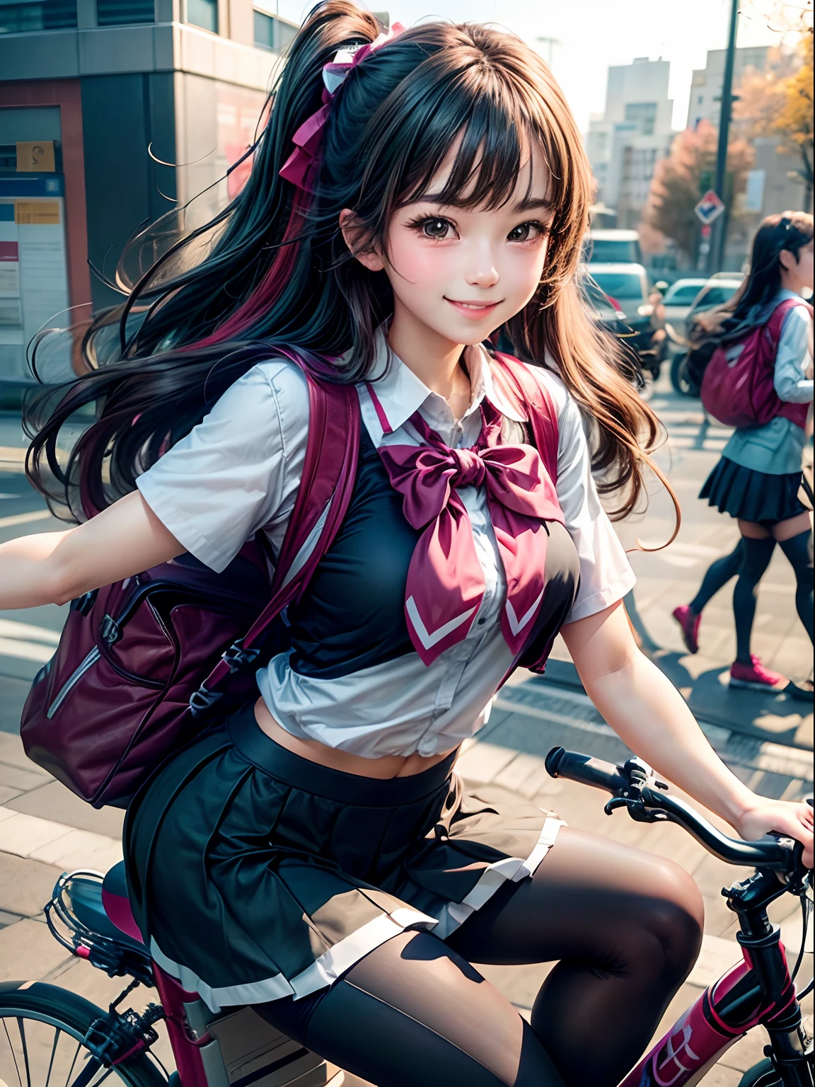 High school girl uniform multicolored in black tights riding a bicycle Dynamic a smile commuting to school