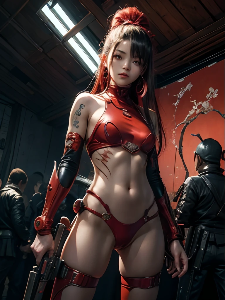 art by:Katsuya Terada, art by:Renji Murata, art by:Akiman, art by:JUNNY, full bodyesbian, Cute slender young Japan killer girl, Scars of battle, Realistic skin type, Some moderate moles, Classic suit, hold a gun, Red Circle Nightclubs in San Diego, Red and blue movie lighting, high-detail、Ray traching、digitial painting、concept-art、smoother、foco nítido、illustratio、8k