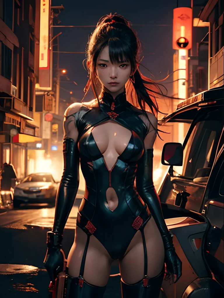 art by:Katsuya Terada, art by:Renji Murata, art by:Akiman, art by:JUNNY, full bodyesbian, Cute slender young Japan killer girl, Scars of battle, Realistic skin type, Some moderate moles, Classic suit, hold a gun, Red Circle Nightclubs in San Diego, Red and blue movie lighting, high-detail、Ray traching、digitial painting、concept-art、smoother、foco nítido、illustratio、8k