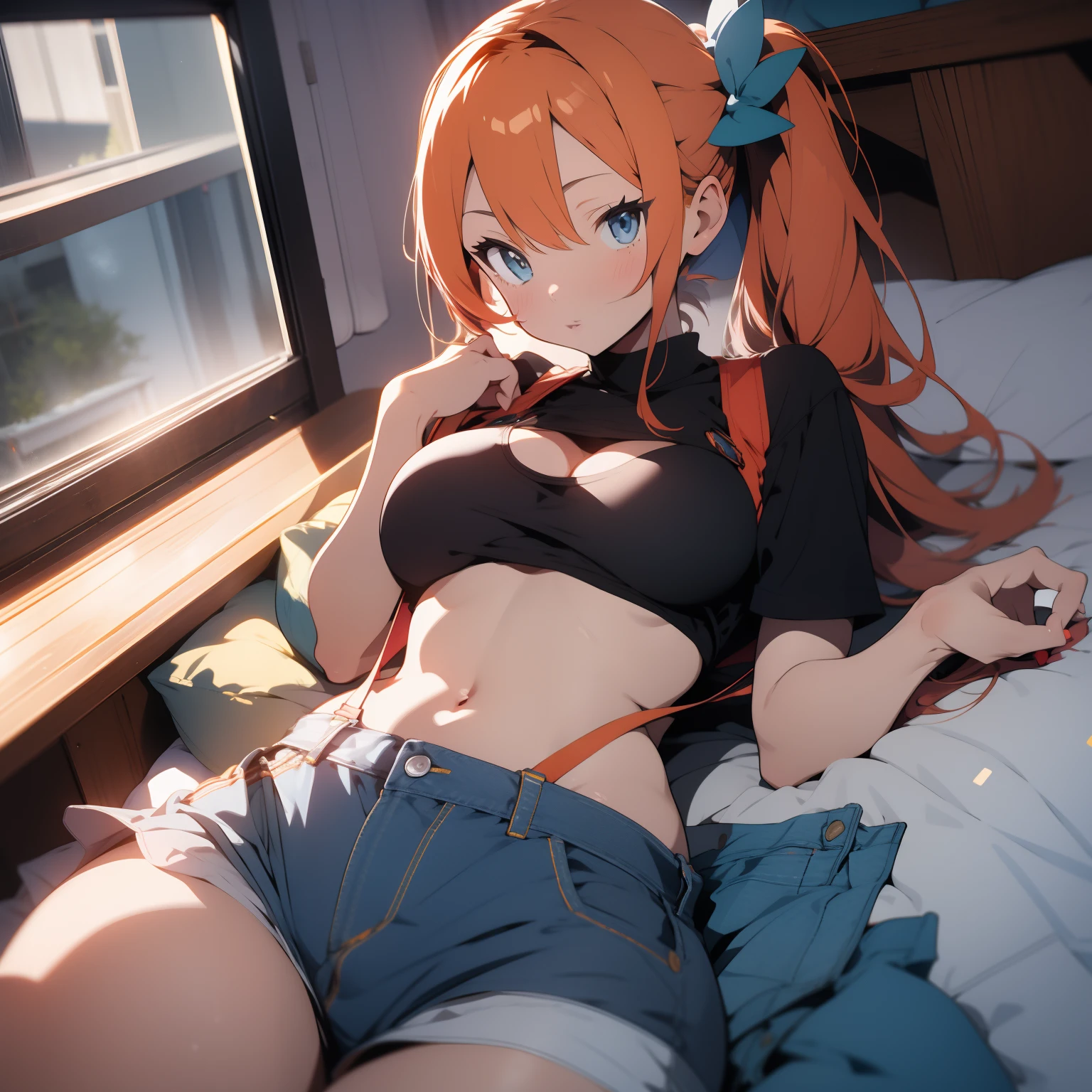 (masterpiece, best quality), 1girl, misty_"pokemon", 8k, orange hair, side ponytail, big breasts. yellow crop-top, denim mini shorts, red suspenders, beautiful blue eyes, cleavage, big breasts, blushing, masturbation, lying, lie on bed, Grab your own breasts, underboob, visible bellybutton,