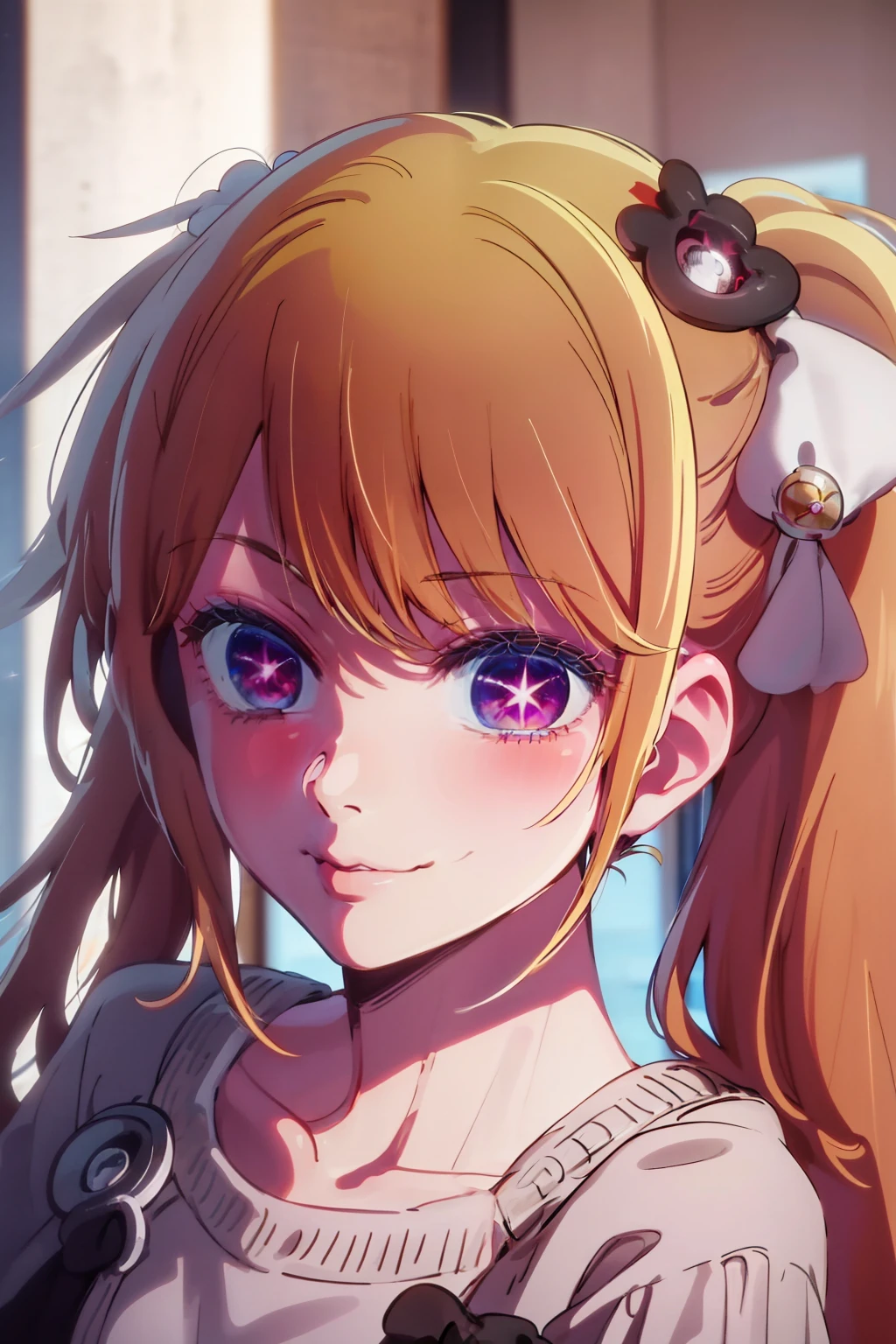 1girl in, 独奏, Hoshino Ruby, symbol-shaped pupils, Left star-shaped pupil, sparkly eyes, (Left star), red eyes, blonde hair, side poneyTail, a smile, Hi-Res, top-quality, masterpiece、Black Dress