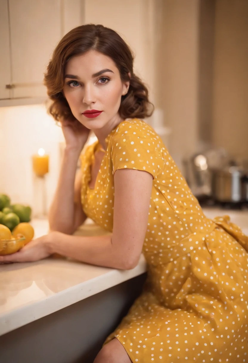 woman in retro yellow polka dot dress, sitting at kitchen counter, bored attitude,high angle shot, close up shot, spot light, high quality photo,medium shot